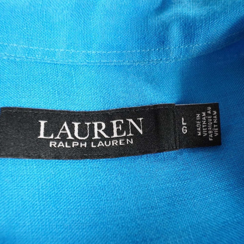 Lauren Ralph Lauren 100% Linen Button Up Shirt Women L Blue Short Sleeve Classic - Picture 4 of 12